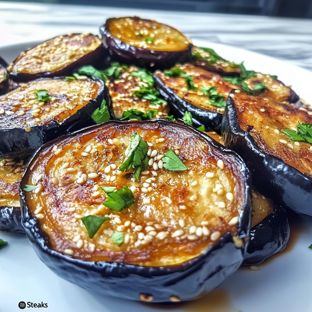 Recipe preparation for Miso Maple Eggplant “Steaks” with Farro & Kale