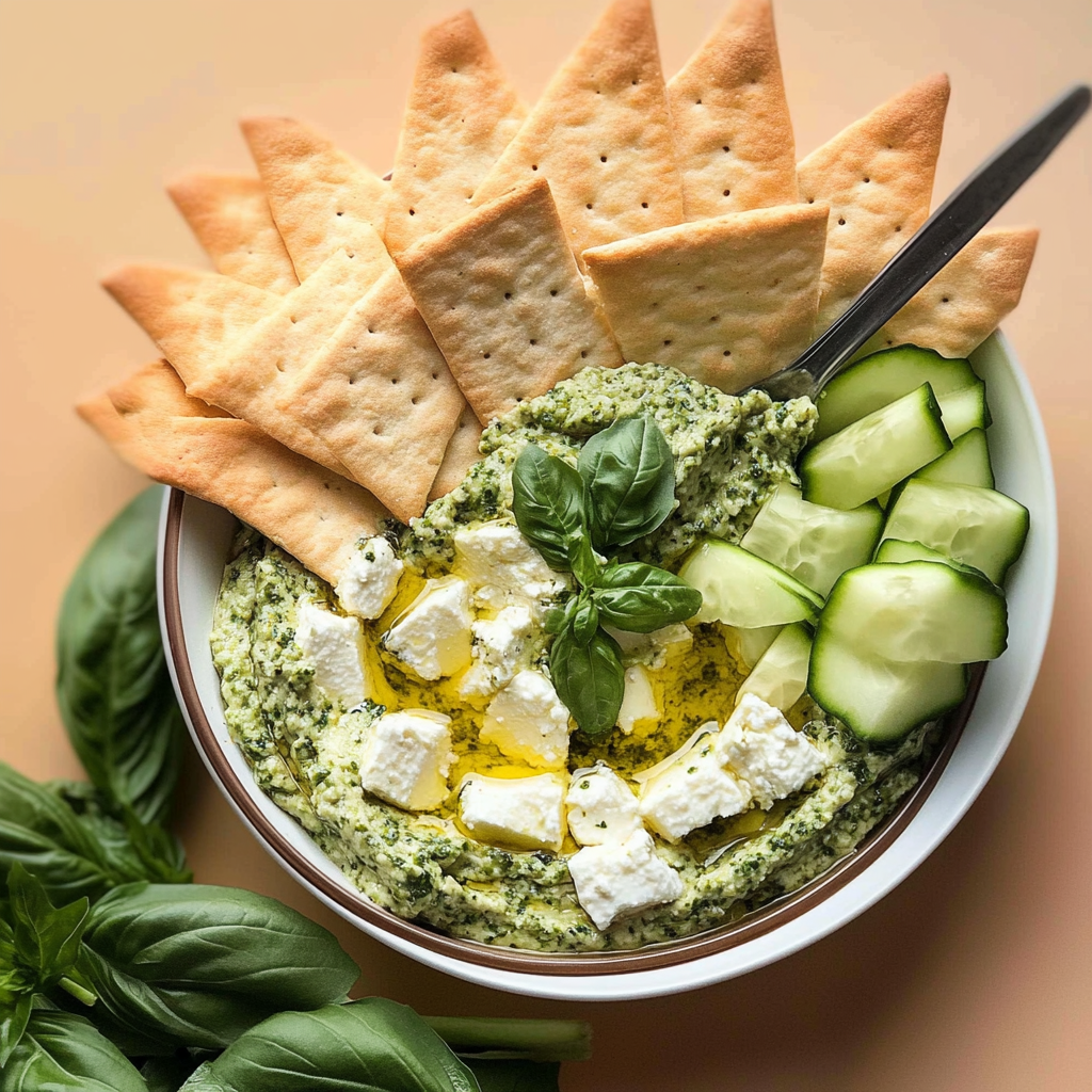 Recipe preparation for Easy Pesto Feta Dip with Crackers