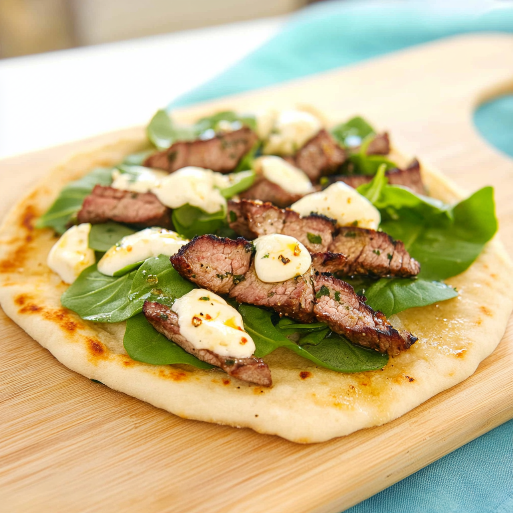 Recipe preparation for Garlic Butter Steak Flatbread