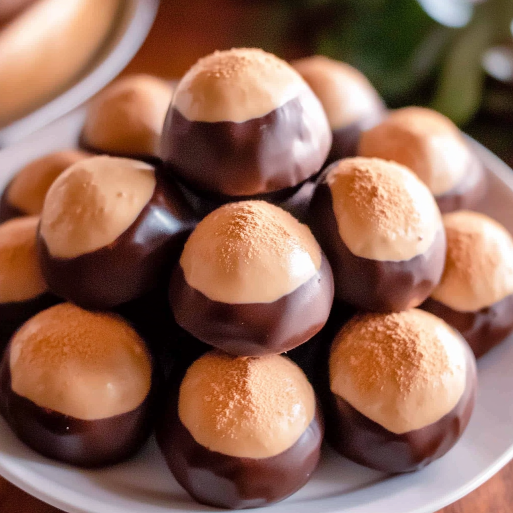 Recipe preparation for Gold Dusted Chocolate and Peanut Butter Buckeyes