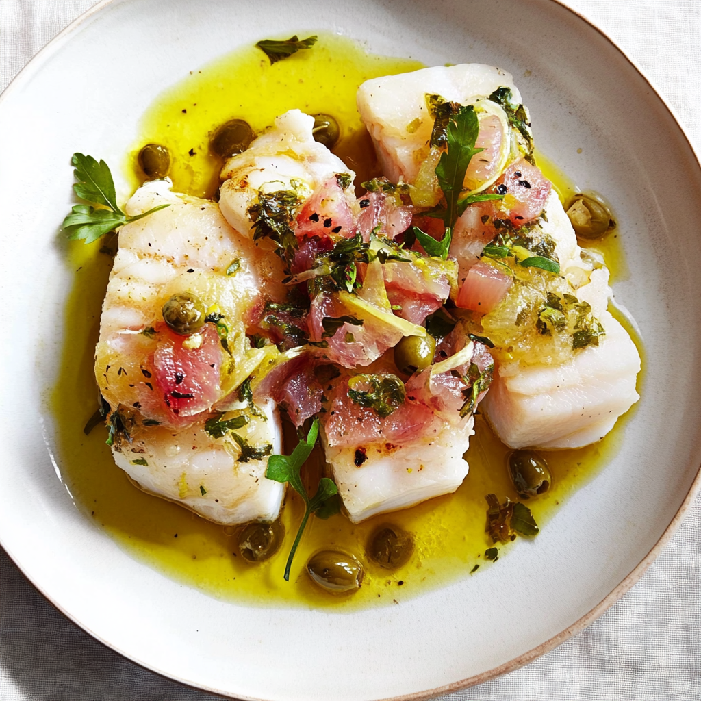 Recipe preparation for Citrus Baked Cod with Olive Relish