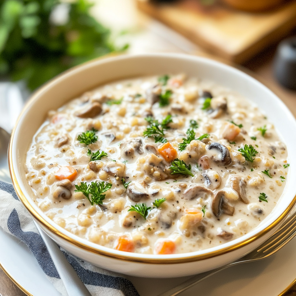 Recipe preparation for Creamy Mushroom Barley Skillet