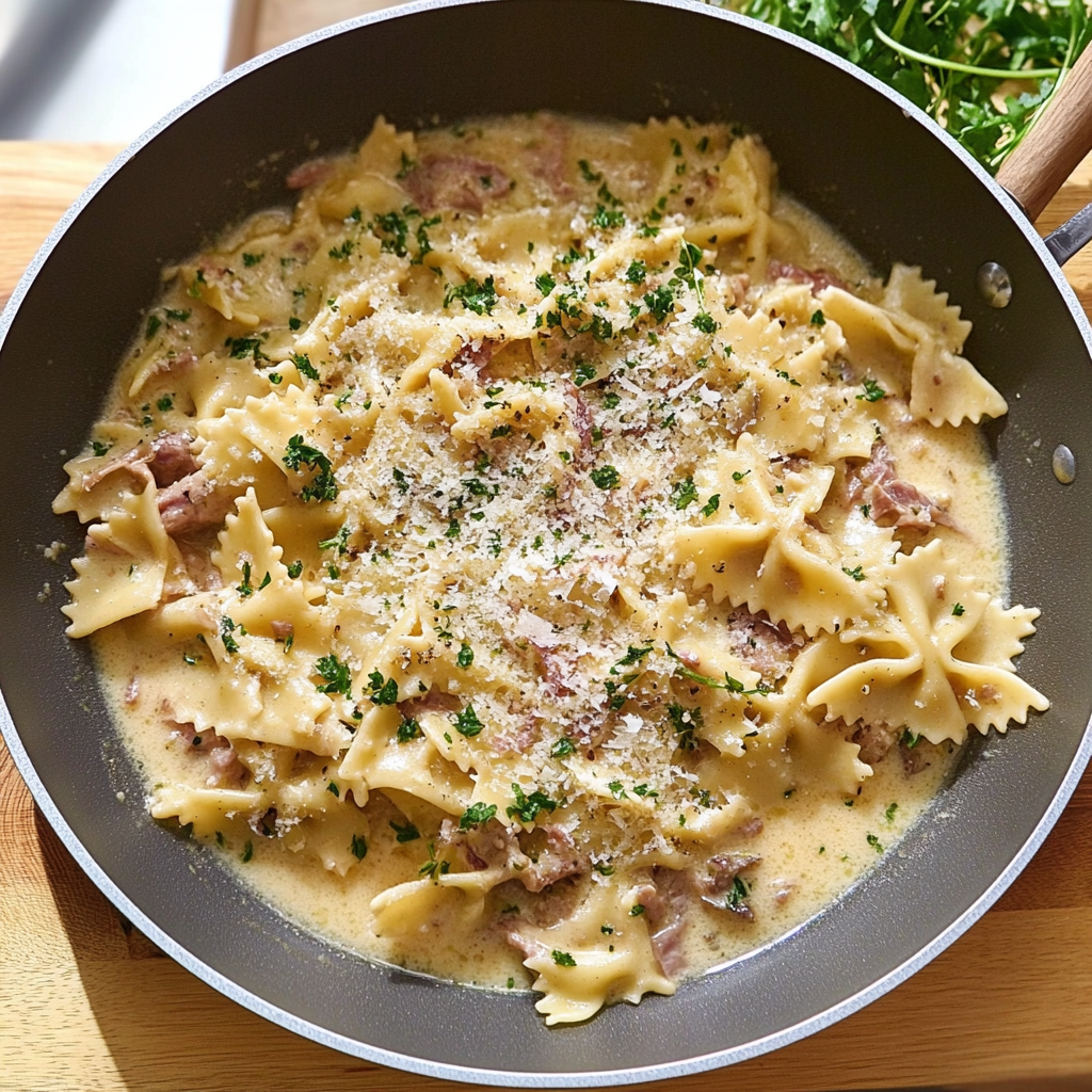 Recipe preparation for Creamy Shallot Parmesan Farfalle