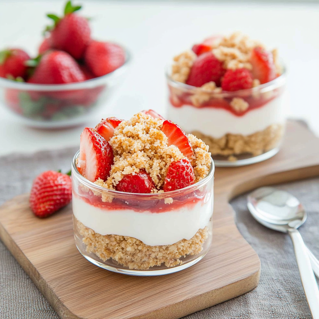 Recipe preparation for Mini No-Bake Strawberry Cheesecake Parfaits