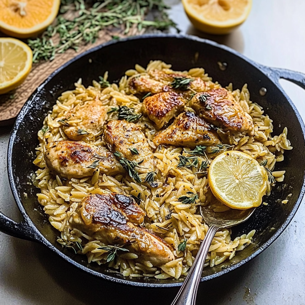 Recipe preparation for Lemon Butter Chicken Orzo Skillet