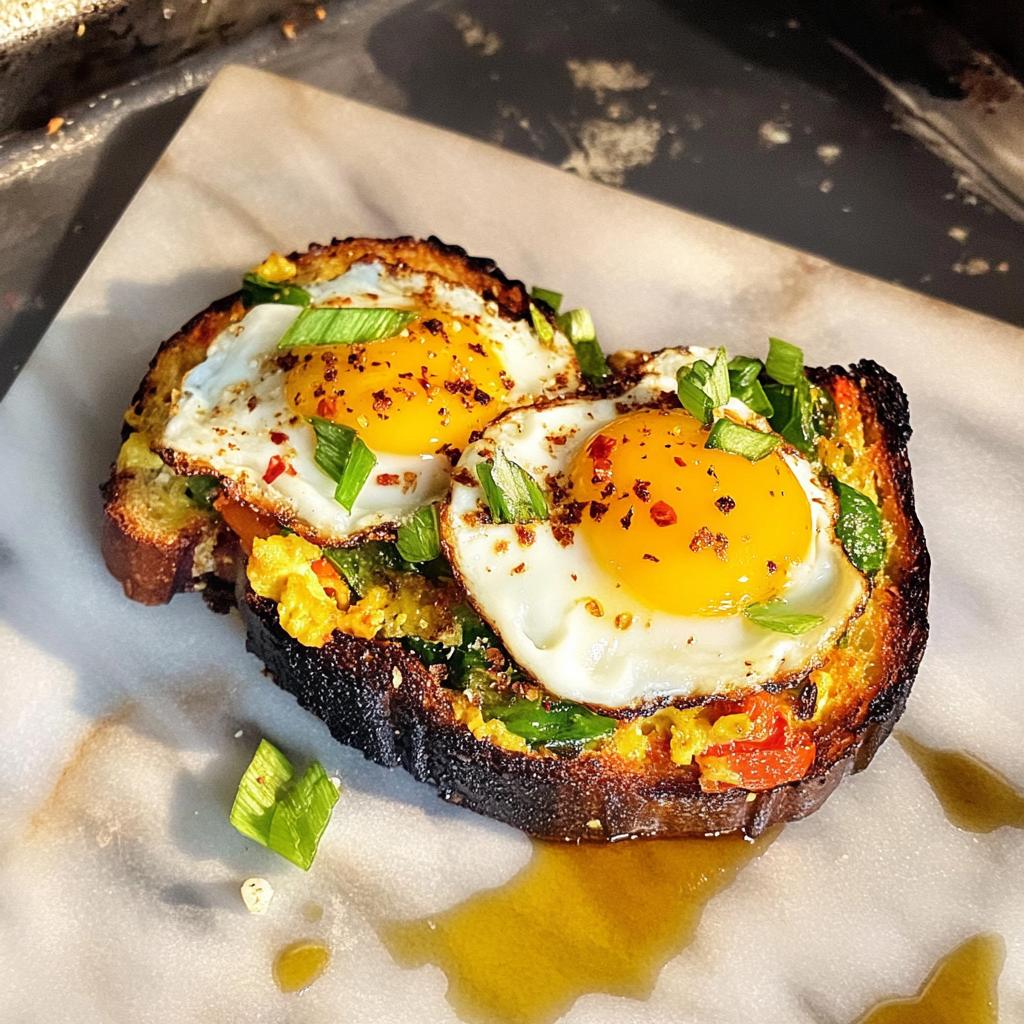 Recipe preparation for Chili Crisp Honey Egg Toast