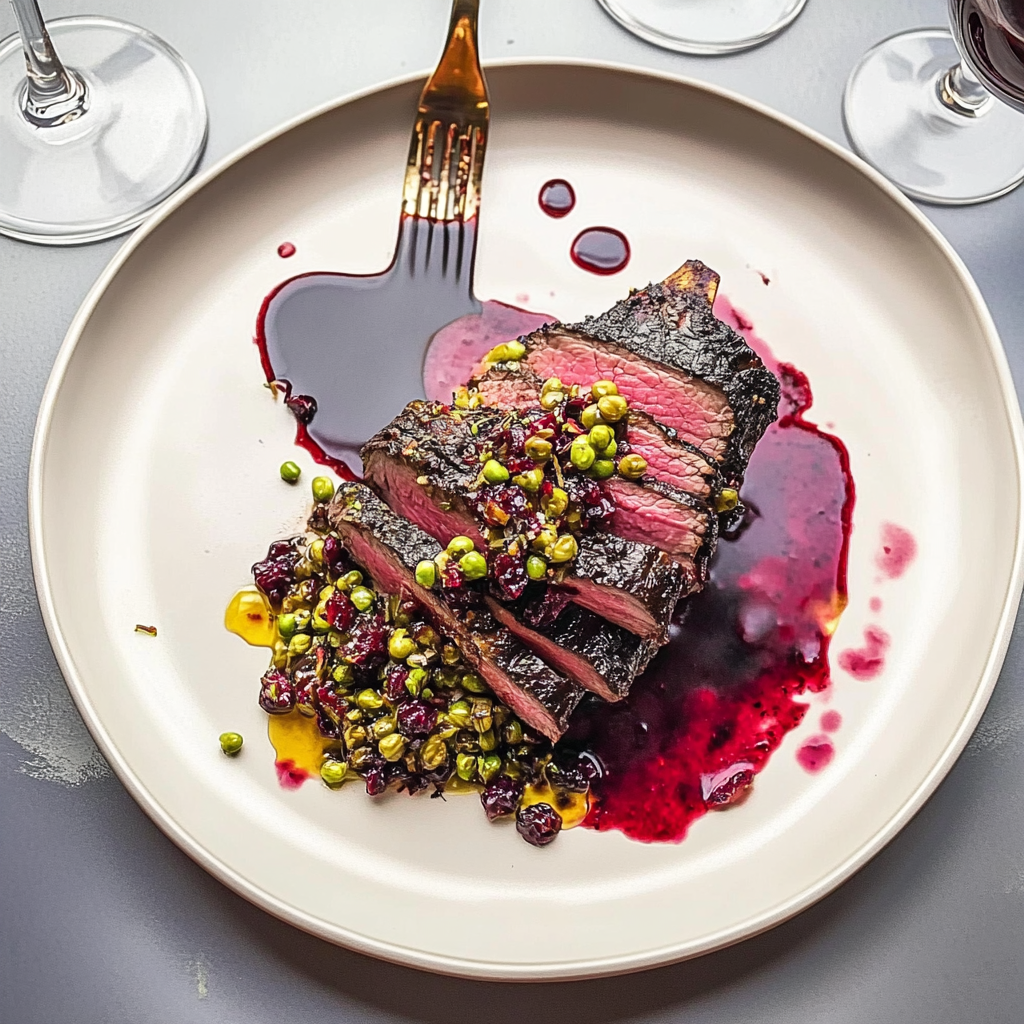 Recipe preparation for Seared Wagyu Strips with Blackberry Gastrique