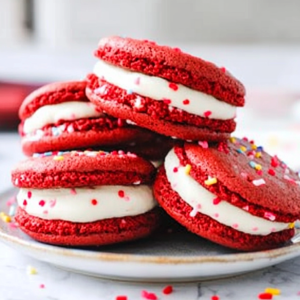 Recipe preparation for Red Velvet Marshmallow Cookie Sandwiches
