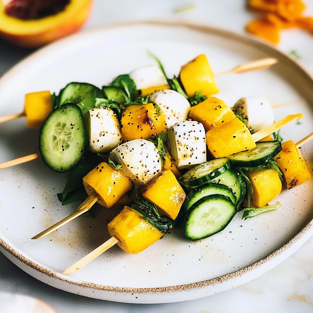 Recipe preparation for Cucumber and Mango Skewers