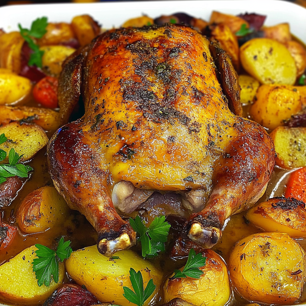 Recipe preparation for Roasted Duck in Wine with Potatoes, Peppers and Mushrooms