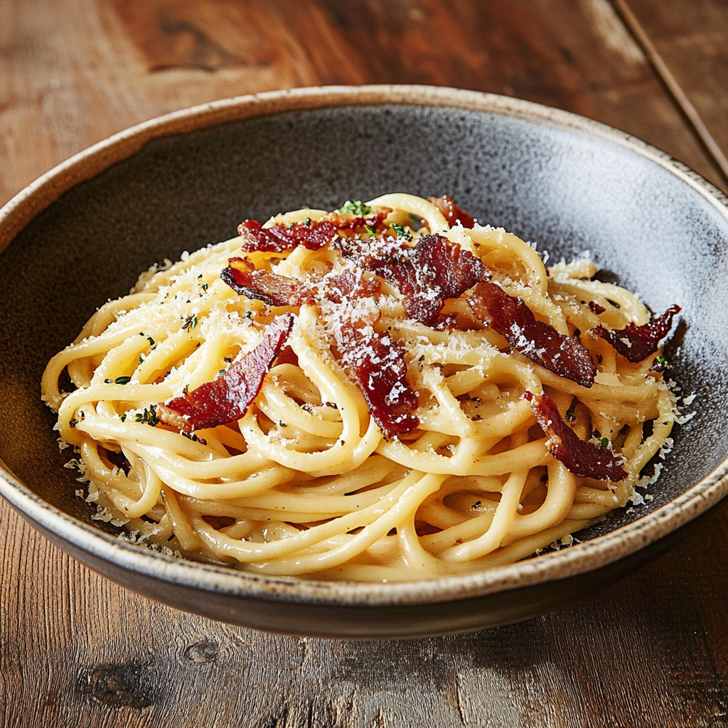 Recipe preparation for Spaghetti Carbonara with Crispy Bacon