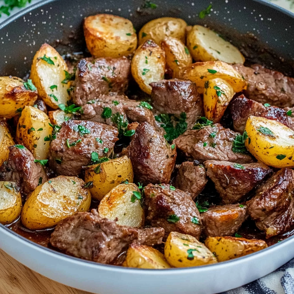 Recipe preparation for Garlic Butter Steak Bites with Crispy Potatoes