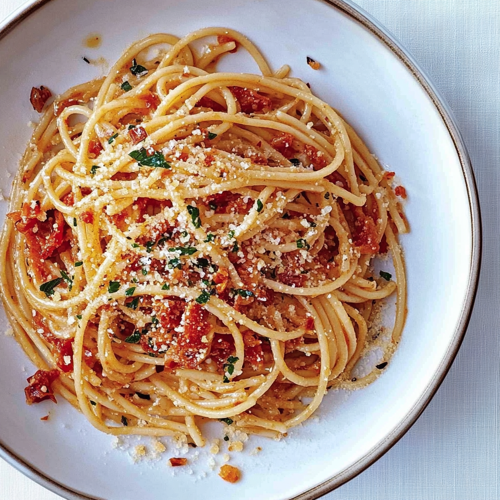 Recipe preparation for Spaghetti with Sun-Dried Tomato Pesto
