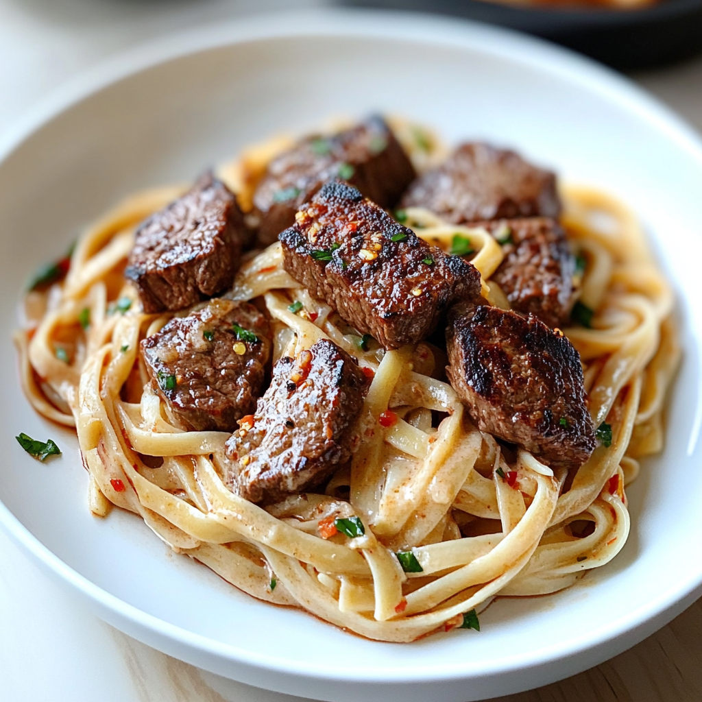 Recipe preparation for Sweet and Spicy Garlic Steak Pasta