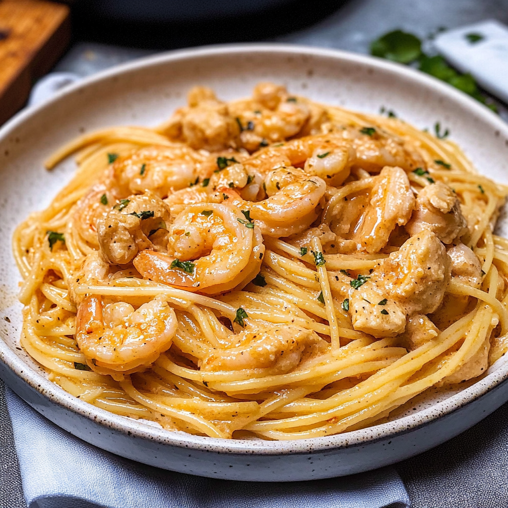 Recipe preparation for Shrimp and Chicken Spaghetti