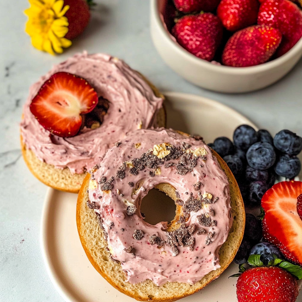 Recipe preparation for Bagel With Strawberry Cream Cheese