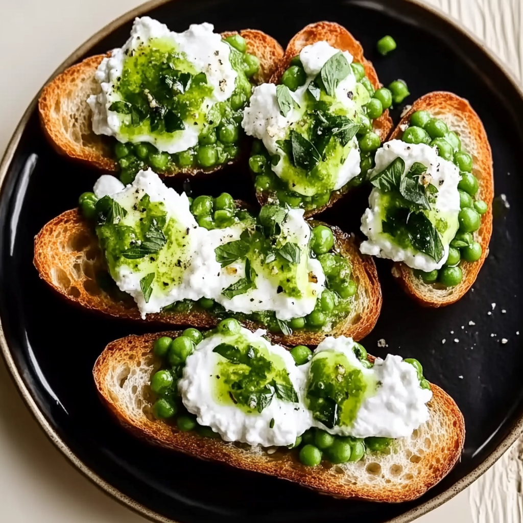 Recipe preparation for Smashed Pea Crostini with Burrata